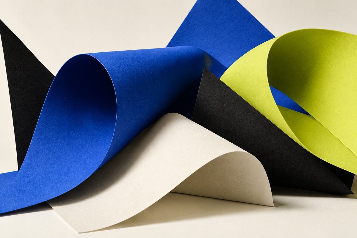 Sculptural folds of cobalt, yellow-green, ivory and black paper